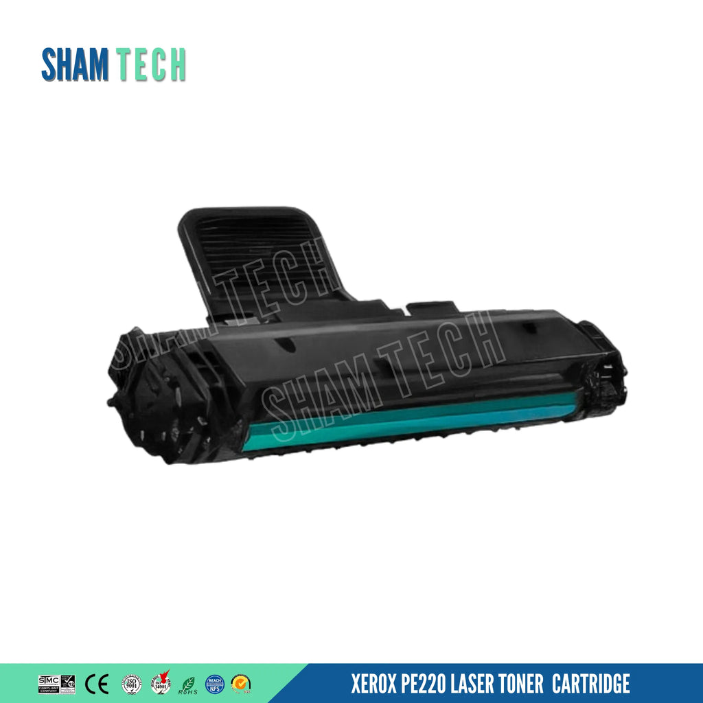 XEROX PE220 LASER TONER CARTRIDGE features a standalone black laser toner cartridge without its box displayed diagonally against a white background. The unit features a folding black handle extending upward, a molded housing, and a prominent turquoise-tinted OPC drum cylinder along the front. and a bottom banner displays various compliance and certification logos alongside the product name.