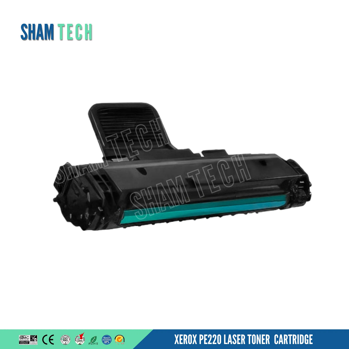 XEROX PE220 LASER TONER CARTRIDGE features a standalone black laser toner cartridge without its box displayed diagonally against a white background. The unit features a folding black handle extending upward, a molded housing, and a prominent turquoise-tinted OPC drum cylinder along the front. and a bottom banner displays various compliance and certification logos alongside the product name.