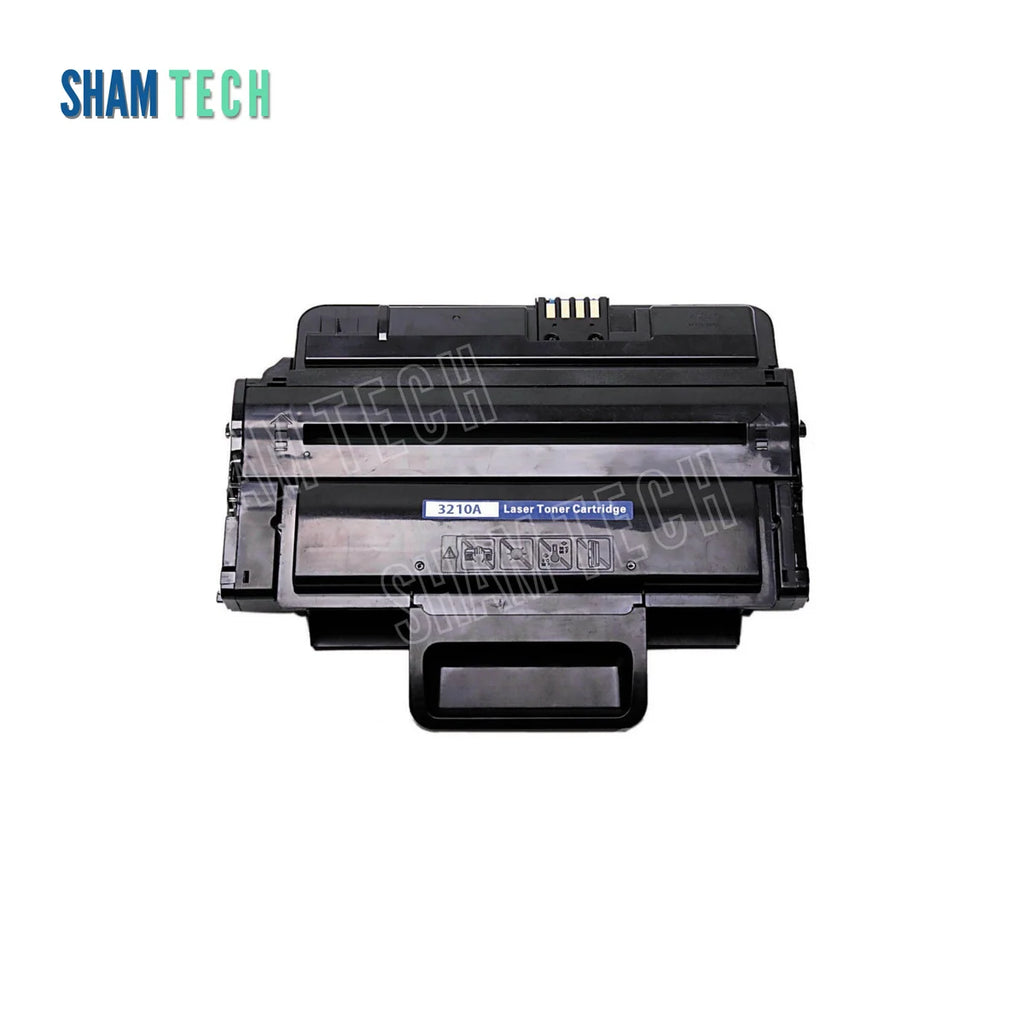 A standalone black Xerox X-3210A laser toner cartridge without its box is displayed against a white background, featuring a durable black plastic housing, a wide front handle, a blue product label, electrical contact points on top, and safety warning icons. The "SHAM TECH" logo appears in the top-left corner, and a large translucent "SHAM TECH" watermark is overlaid diagonally across the center of the image.