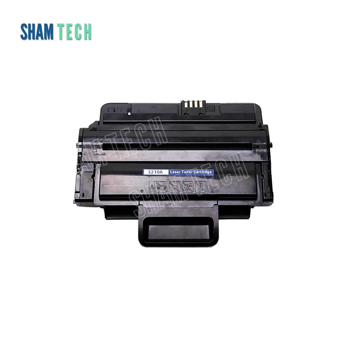 A standalone black Xerox X-3210A laser toner cartridge without its box is displayed against a white background, featuring a durable black plastic housing, a wide front handle, a blue product label, electrical contact points on top, and safety warning icons. The "SHAM TECH" logo appears in the top-left corner, and a large translucent "SHAM TECH" watermark is overlaid diagonally across the center of the image.