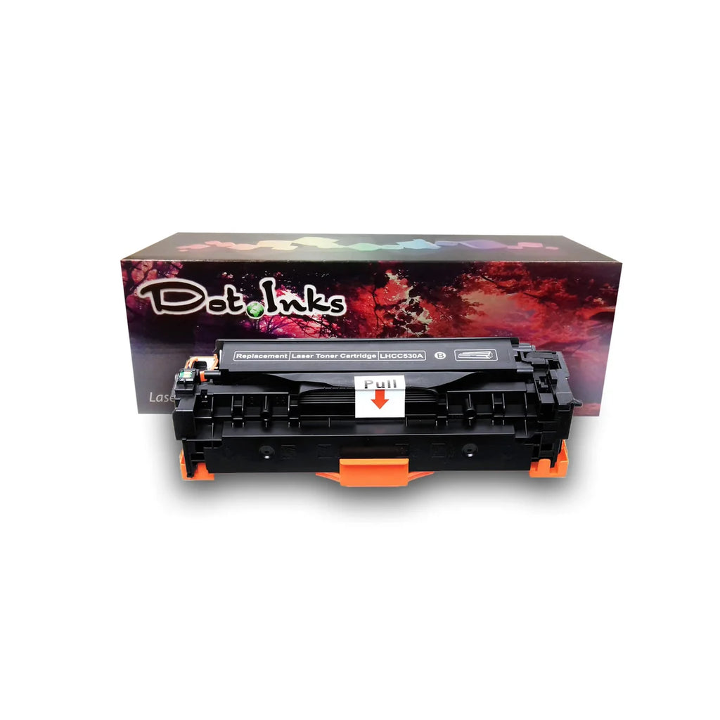 A Dot Inks replacement black laser toner cartridge (model LHCC530A) displayed in front of its retail packaging box. The cartridge consists of a black plastic casing with orange protective base clips, a white "Pull" seal tab in the center with a red arrow, and a top label reading "Replacement Laser Toner Cartridge LHCC530A B". Behind it sits the brand's retail box, showcasing the Dot Inks logo against a red-and-purple autumn forest scene with a rainbow gradient accent across the top.