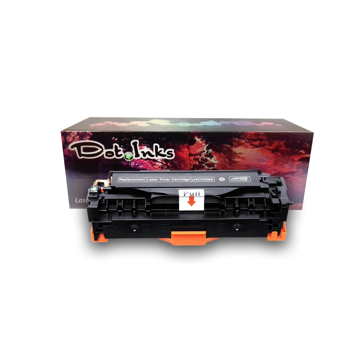 A Dot Inks replacement black laser toner cartridge (model LHCC530A) displayed in front of its retail packaging box. The cartridge consists of a black plastic casing with orange protective base clips, a white "Pull" seal tab in the center with a red arrow, and a top label reading "Replacement Laser Toner Cartridge LHCC530A B". Behind it sits the brand's retail box, showcasing the Dot Inks logo against a red-and-purple autumn forest scene with a rainbow gradient accent across the top.
