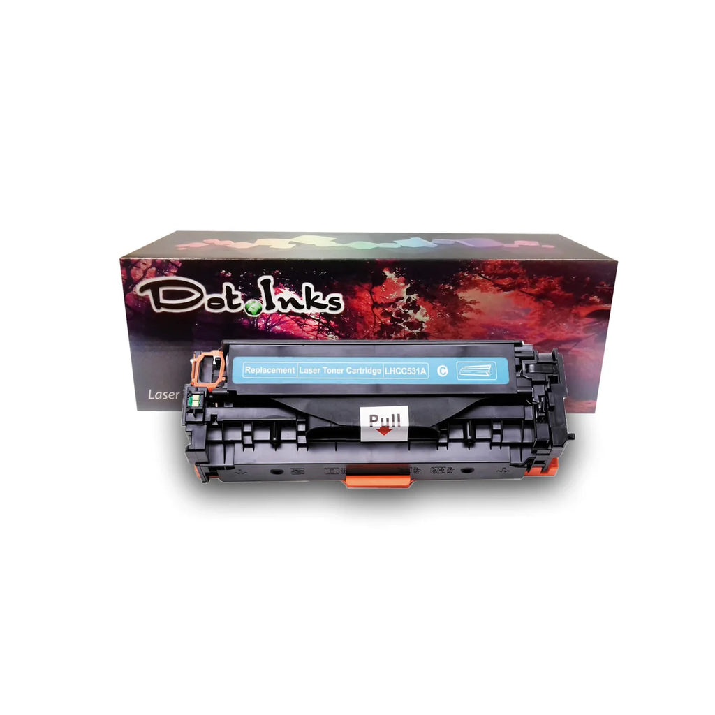 A Dot Inks replacement cyan laser toner cartridge (model LHCC531A) displayed in front of its retail packaging box. The cartridge consists of a black plastic casing with orange protective base clips, a white "Pull" seal tab in the center with a red arrow, and a bright cyan top label reading "Replacement Laser Toner Cartridge LHCC531A C". Behind it sits the brand's retail box, showcasing the Dot Inks logo against a red-and-purple autumn forest scene with a rainbow gradient accent across the top.