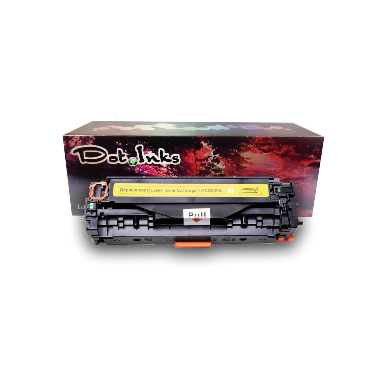 A Dot Inks replacement yellow laser toner cartridge (model LHCC532A) displayed in front of its retail packaging box. The cartridge consists of a black plastic casing with orange protective base clips, a white "Pull" seal tab in the center with a red arrow, and a bright yellow top label reading "Replacement Laser Toner Cartridge LHCC532A Y". Behind it sits the brand's retail box, showcasing the Dot Inks logo against a red-and-purple autumn forest scene with a rainbow gradient accent across the top.