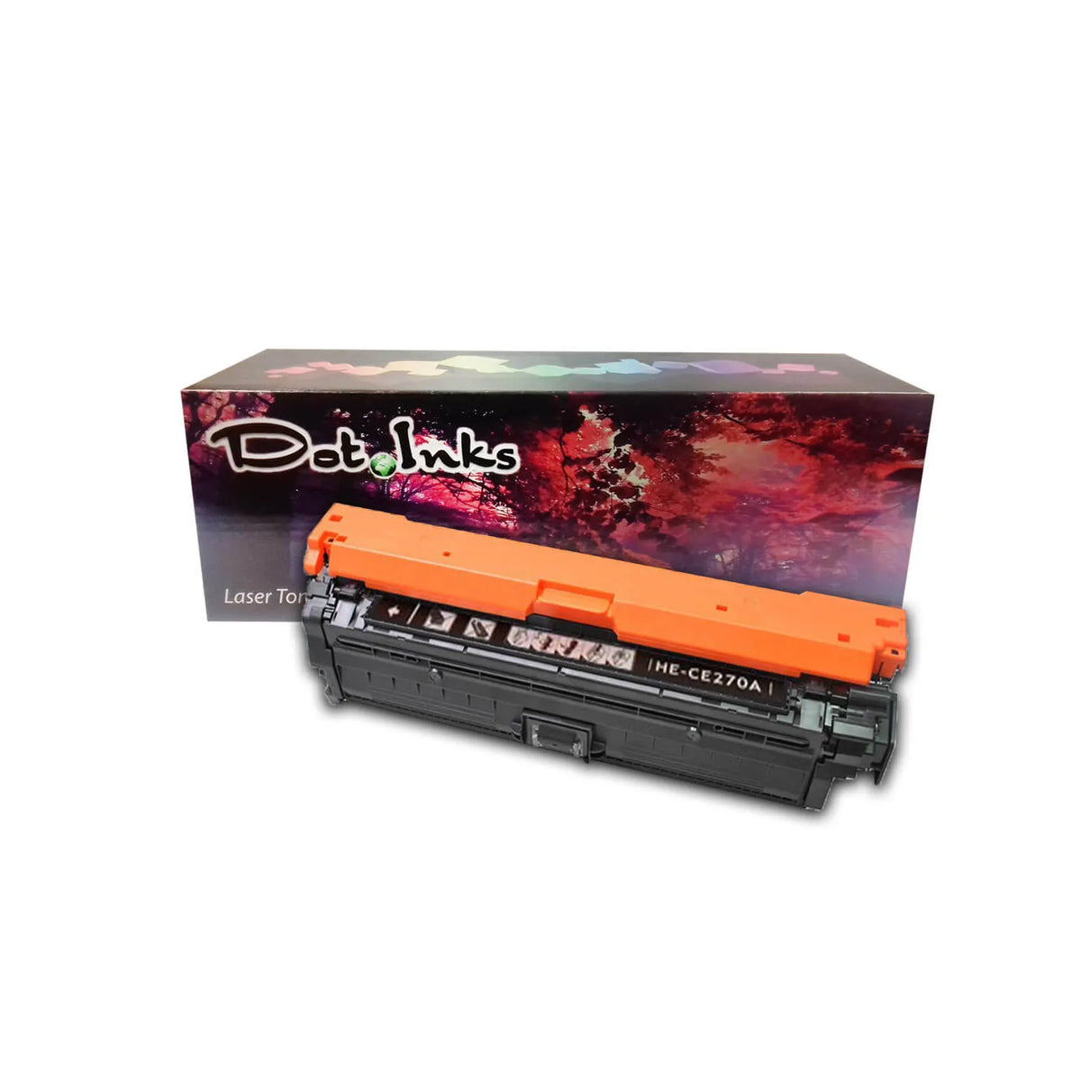 HP CE270A Black Replacement Color LaserJet Print Cartridge. In the foreground, an angled heavy-duty black laser toner unit with structured housing, a bright orange protective top cover/shield, side gear/spring assemblies, and a dark center label marked "HE-CE270A" with directional handling/warning iconography rests before a "Dot Inks" branded retail packaging box on a white background with a soft drop shadow.