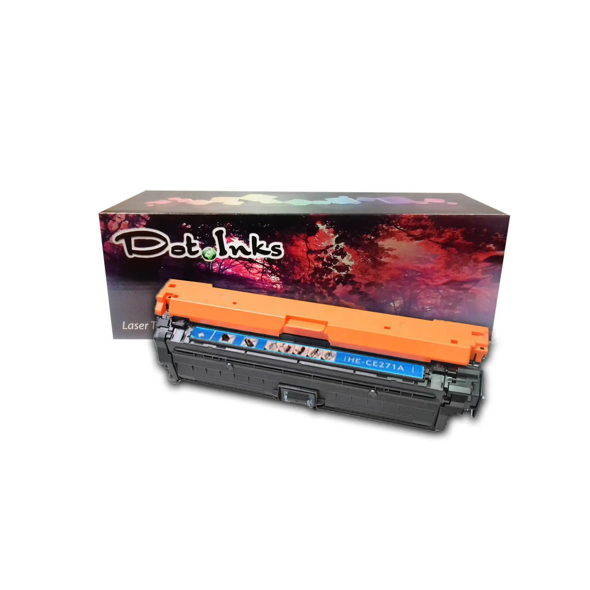 HP CE271A Cyan Replacement Color LaserJet Print Cartridge. In the foreground, an angled heavy-duty black laser toner unit with structured housing, a bright orange protective top cover/shield, side gear/spring assemblies, and a cyan center label marked "HE-CE271A" with directional handling/warning iconography rests before a "Dot Inks" branded retail packaging box on a white background with a soft drop shadow. 