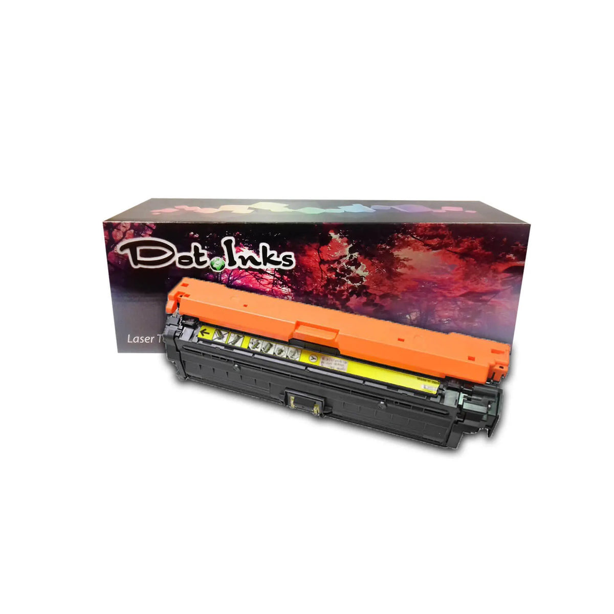 HP CE272A Yellow Replacement Color LaserJet Print Cartridge. In the foreground, an angled heavy-duty black laser toner unit with structured housing, a bright orange protective top cover/shield, side gear/spring assemblies, and a yellow center label with directional handling/warning iconography rests before a "Dot Inks" branded retail packaging box on a white background with a soft drop shadow.