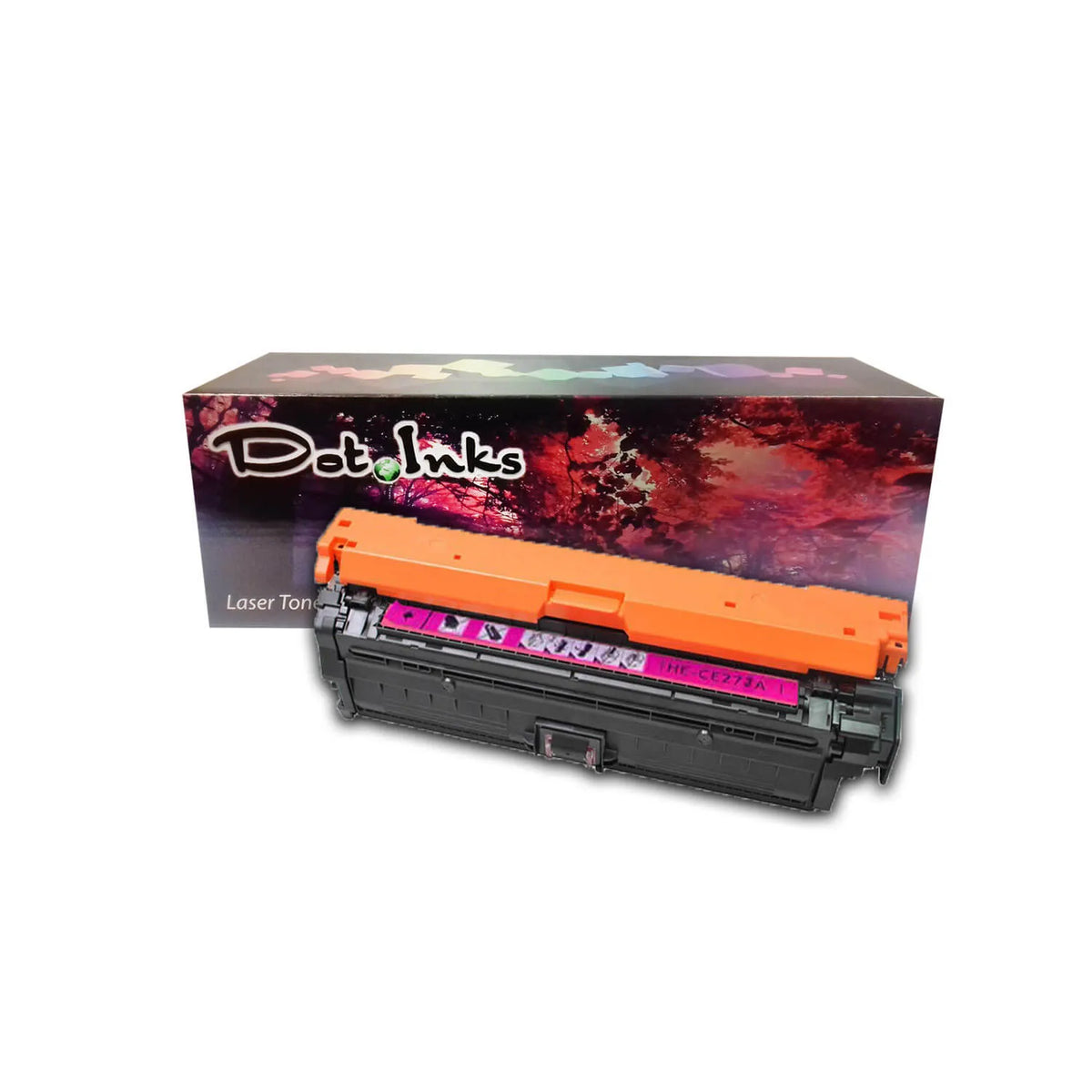 HP CE273A Magenta Replacement Color LaserJet Print Cartridge. In the foreground, an angled heavy-duty black laser toner unit with structured housing, a bright orange protective top cover/shield, side gear/spring assemblies, and a magenta center label marked "HE-CE273A" with directional handling/warning iconography rests before a "Dot Inks" branded retail packaging box on a white background with a soft drop shadow. 