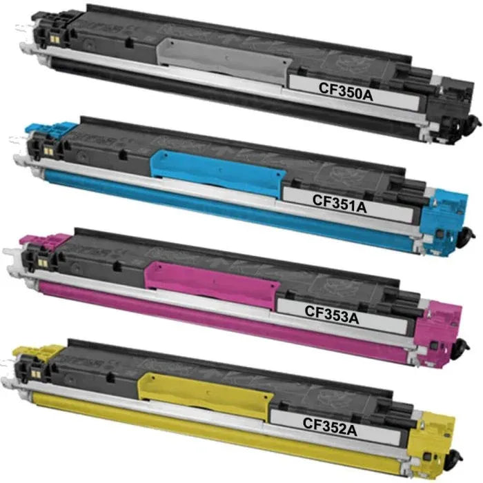 HP 130A CF350A/CF351A/CF352A/CF353A without their boxes. Against a clean white background, four long black laser toner units are displayed stacked vertically, featuring color-accented handles and white labels marked "CF350A" (black), "CF351A" (cyan), "CF353A" (magenta), and "CF352A" (yellow).