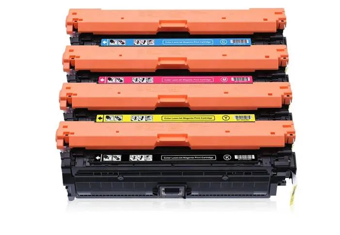 HP 130A CF350A/CF351A/CF352A/CF353A without their boxes. Against a clean white background, four laser toner units featuring black and structured plastic bodies with bright orange protective covers and color-coded labels (cyan, magenta, yellow, and black) are stacked vertically.