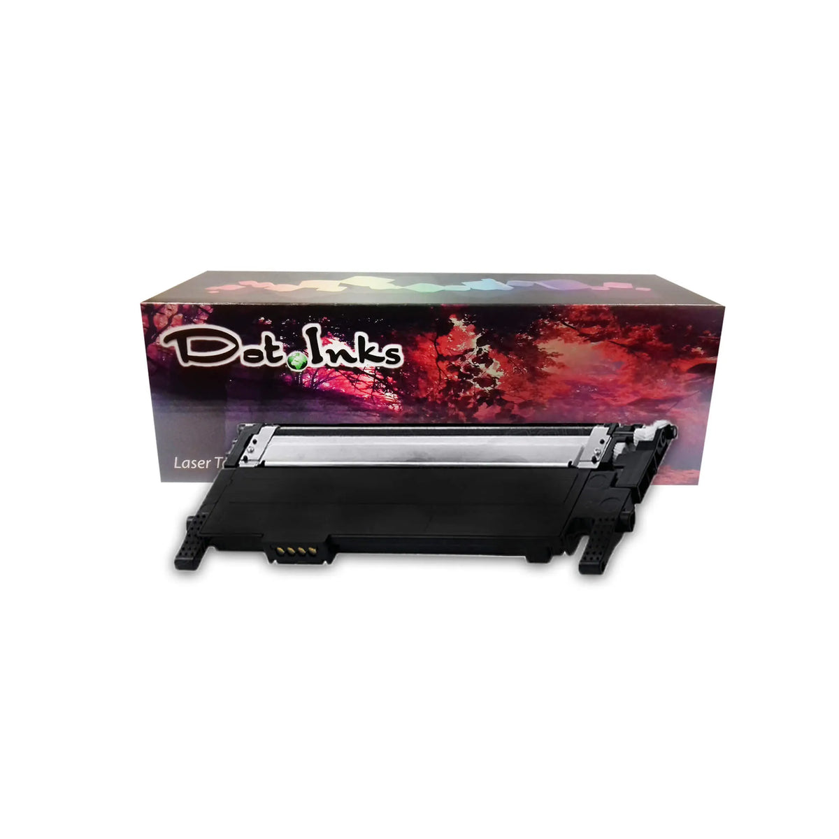 a black laser toner cartridge features a black laser toner cartridge positioned horizontally in front of its retail packaging box against a white background. The unit features a black plastic housing with a metallic roller assembly along the front and gold-plated contact pins on the side. In the background, the "Dot Inks" retail box displays a vibrant, colorful abstract floral graphic and the text "Laser Toner". A diagonal translucent "SHAM TECH" watermark is overlaid across the image.