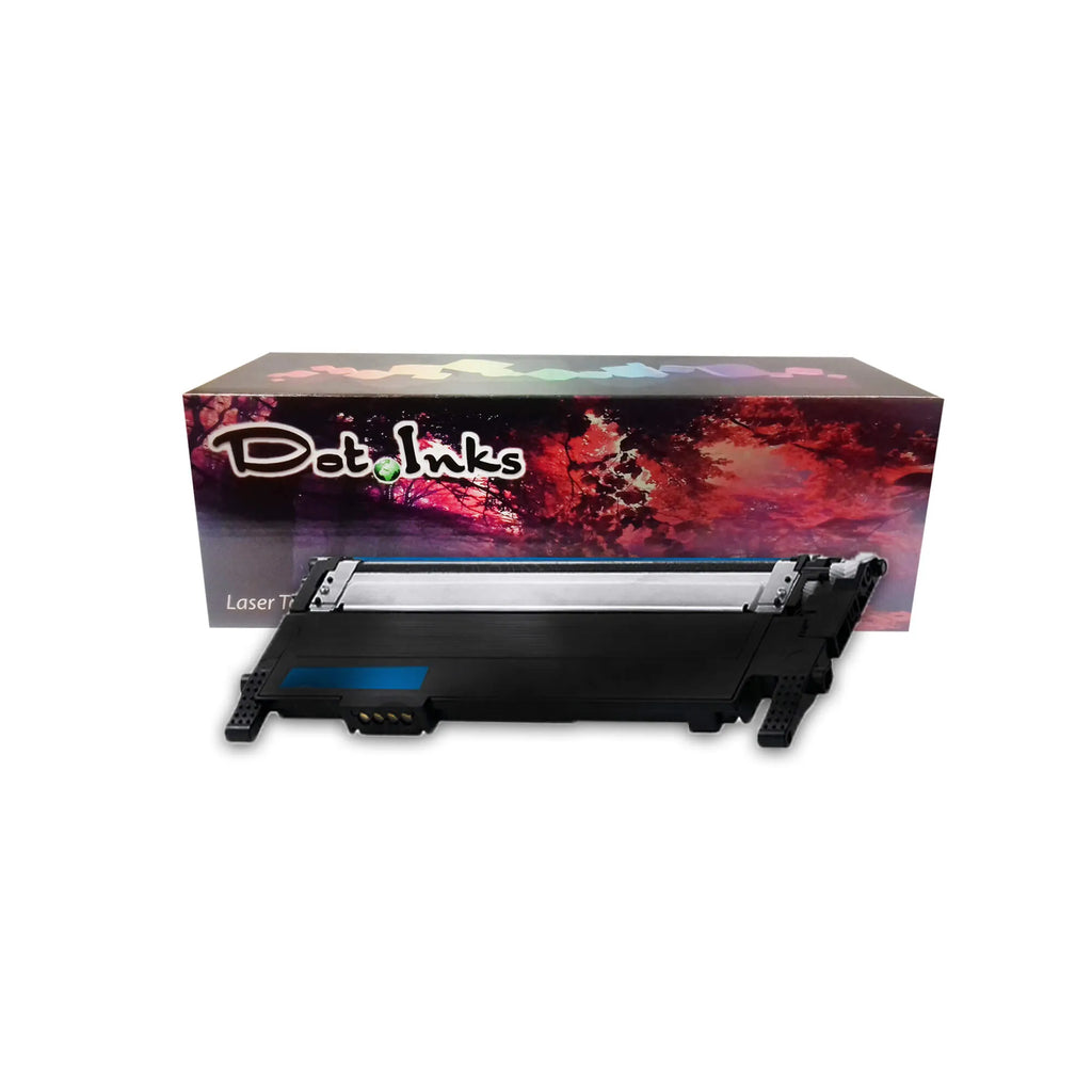 a cyan laser toner cartridge features a black laser toner cartridge positioned horizontally in front of its retail packaging box against a white background. The unit features a black plastic housing with a metallic roller assembly along the front, a blue color indicator block, and gold-plated contact pins on the side. In the background, the "Dot Inks" retail box displays a vibrant, colorful abstract floral graphic and the text "Laser Toner". A diagonal translucent "SHAM TECH" watermark is overlaid.