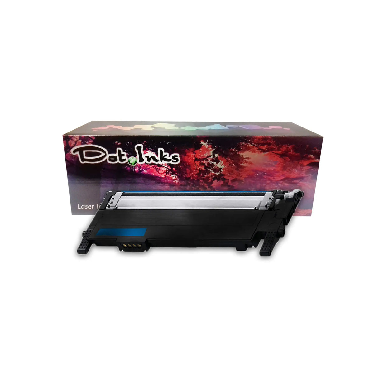 a cyan laser toner cartridge features a black laser toner cartridge positioned horizontally in front of its retail packaging box against a white background. The unit features a black plastic housing with a metallic roller assembly along the front, a blue color indicator block, and gold-plated contact pins on the side. In the background, the "Dot Inks" retail box displays a vibrant, colorful abstract floral graphic and the text "Laser Toner". A diagonal translucent "SHAM TECH" watermark is overlaid.