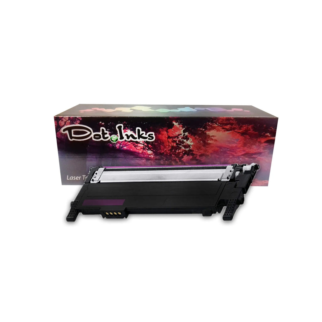 a magenta laser toner cartridge features a black laser toner cartridge positioned horizontally in front of its retail packaging box against a white background. The unit features a black plastic housing with a metallic roller assembly along the front, a magenta color indicator block, and gold-plated contact pins on the side. In the background, the "Dot Inks" retail box displays a vibrant, colorful abstract floral graphic and the text "Laser Toner". A diagonal translucent "SHAM TECH" watermark is overlaid.