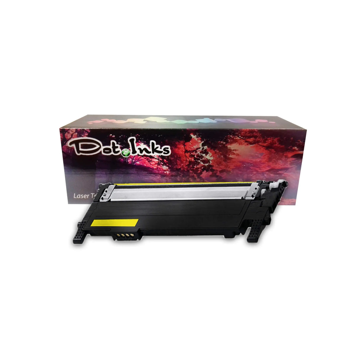 a yellow laser toner cartridge features a black laser toner cartridge positioned horizontally in front of its retail packaging box against a white background. The unit features a black plastic housing with a metallic roller assembly along the front, a yellow color indicator block, and gold-plated contact pins on the side. In the background, the "Dot Inks" retail box displays a vibrant, colorful abstract floral graphic and the text "Laser Toner". A diagonal translucent "SHAM TECH" watermark is overlaid.