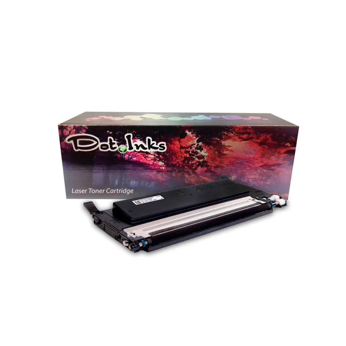 a black laser toner cartridge features a black laser toner cartridge positioned horizontally in front of its retail packaging box against a white background. The unit features a black plastic housing with a prominent metallic roller assembly along the front and white gear teeth on the right side. In the background, the "Dot Inks" retail box displays a vibrant, colorful abstract floral graphic and the text "Laser Toner Cartridge". 