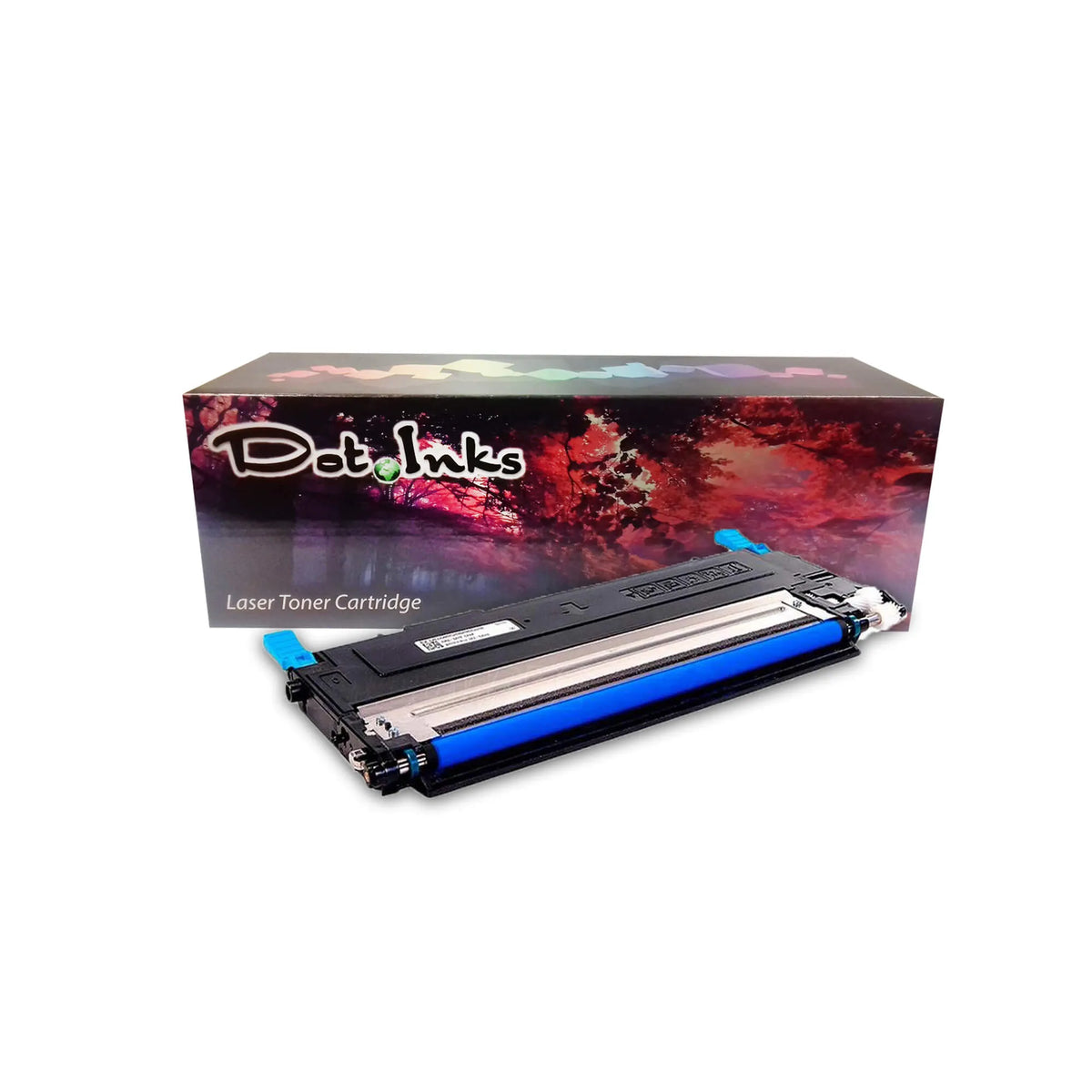 a cyan laser toner cartridge features a black laser toner cartridge positioned horizontally in front of its retail packaging box against a white background. The unit features a black plastic housing, a bright cyan roller along the front, and matching cyan end clips. In the background, the "Dot Inks" retail box displays a vibrant, colorful abstract floral graphic and the text "Laser Toner Cartridge". A diagonal translucent "SHAM TECH" watermark is overlaid across the image.