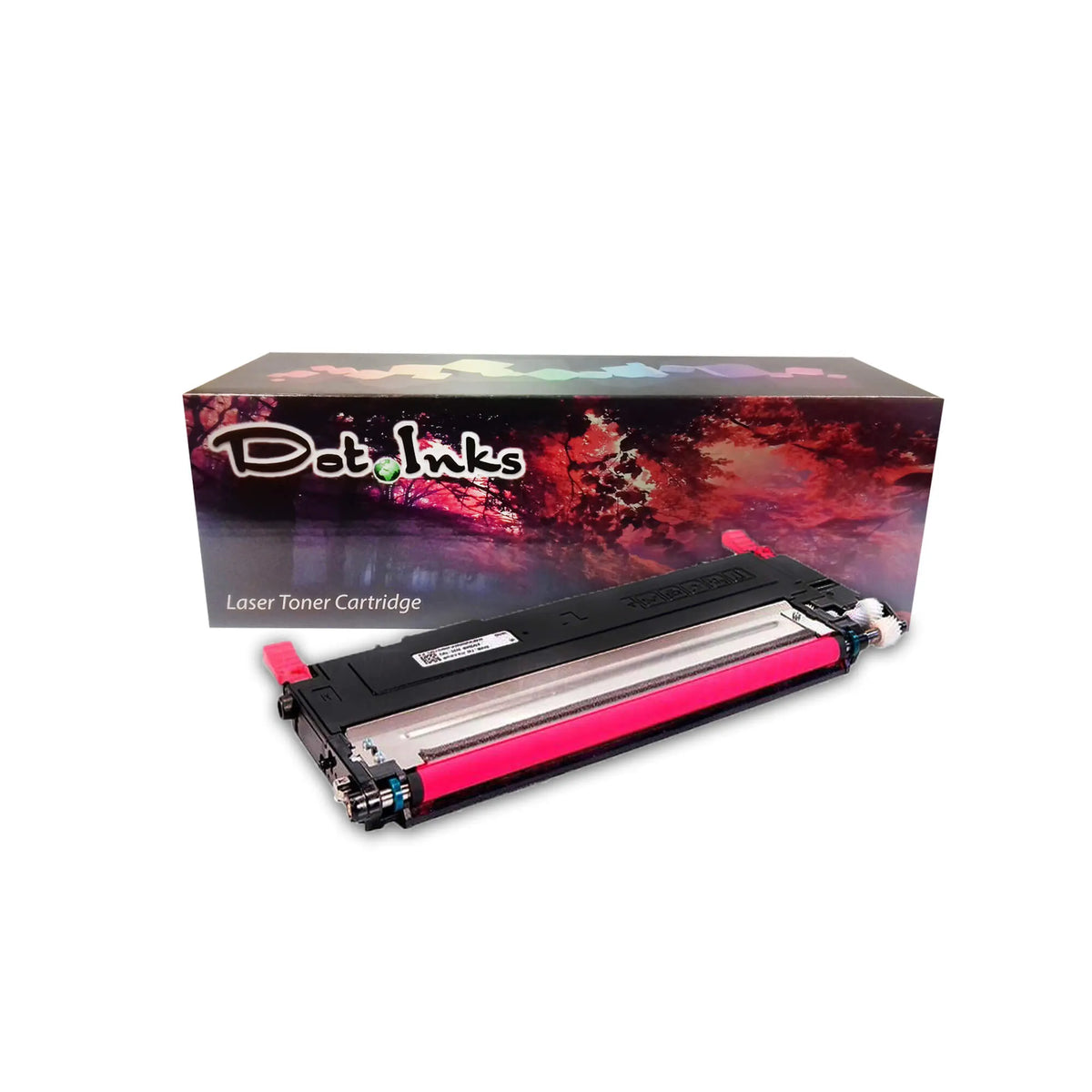 a magenta laser toner cartridge features a black laser toner cartridge positioned horizontally in front of its retail packaging box against a white background. The unit features a black plastic housing, a vibrant magenta roller along the front, and matching magenta end clips. In the background, the "Dot Inks" retail box displays a vibrant, colorful abstract floral graphic and the text "Laser Toner Cartridge". A diagonal translucent "SHAM TECH" watermark is overlaid across the image.