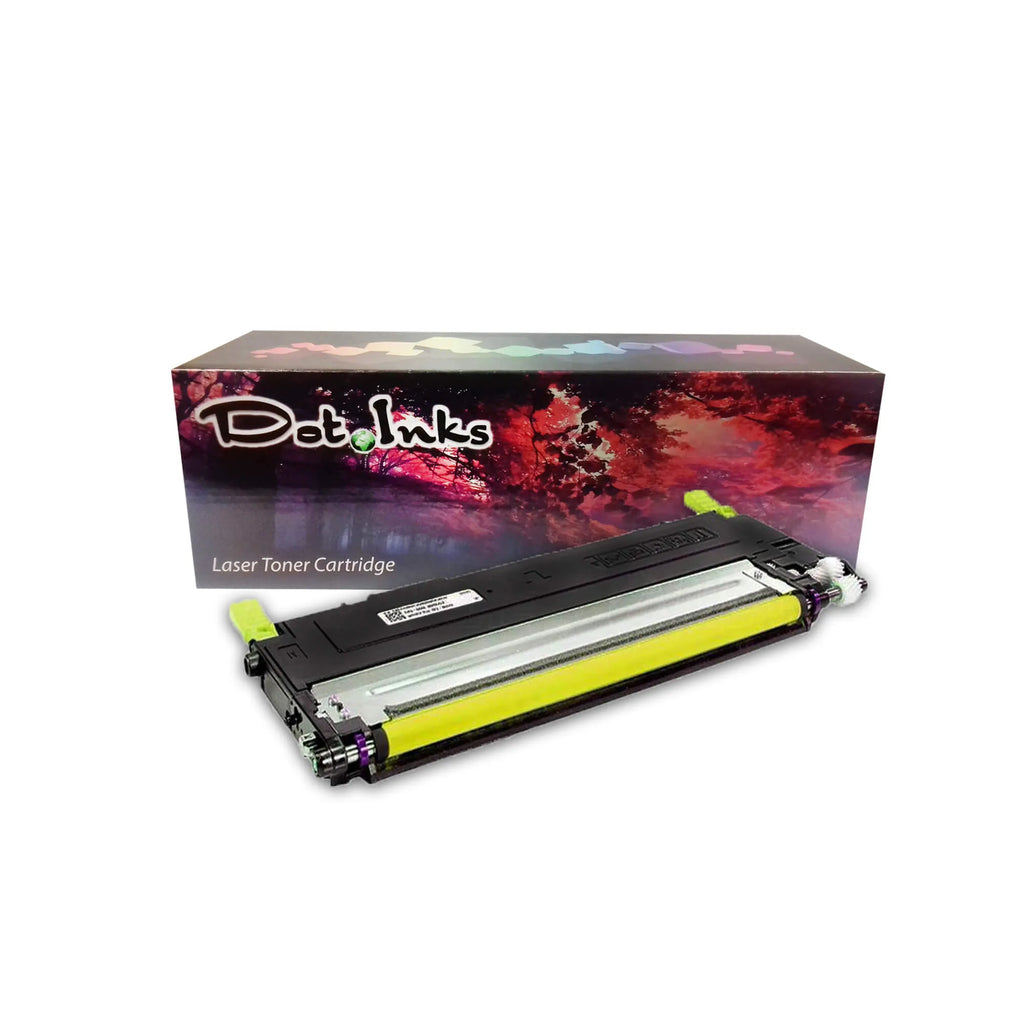 a yellow laser toner cartridge features a black laser toner cartridge positioned horizontally in front of its retail packaging box against a white background. The unit features a black plastic housing, a bright yellow roller along the front, and matching yellow end clips. In the background, the "Dot Inks" retail box displays a vibrant, colorful abstract floral graphic and the text "Laser Toner Cartridge". A diagonal translucent "SHAM TECH" watermark is overlaid across the image.