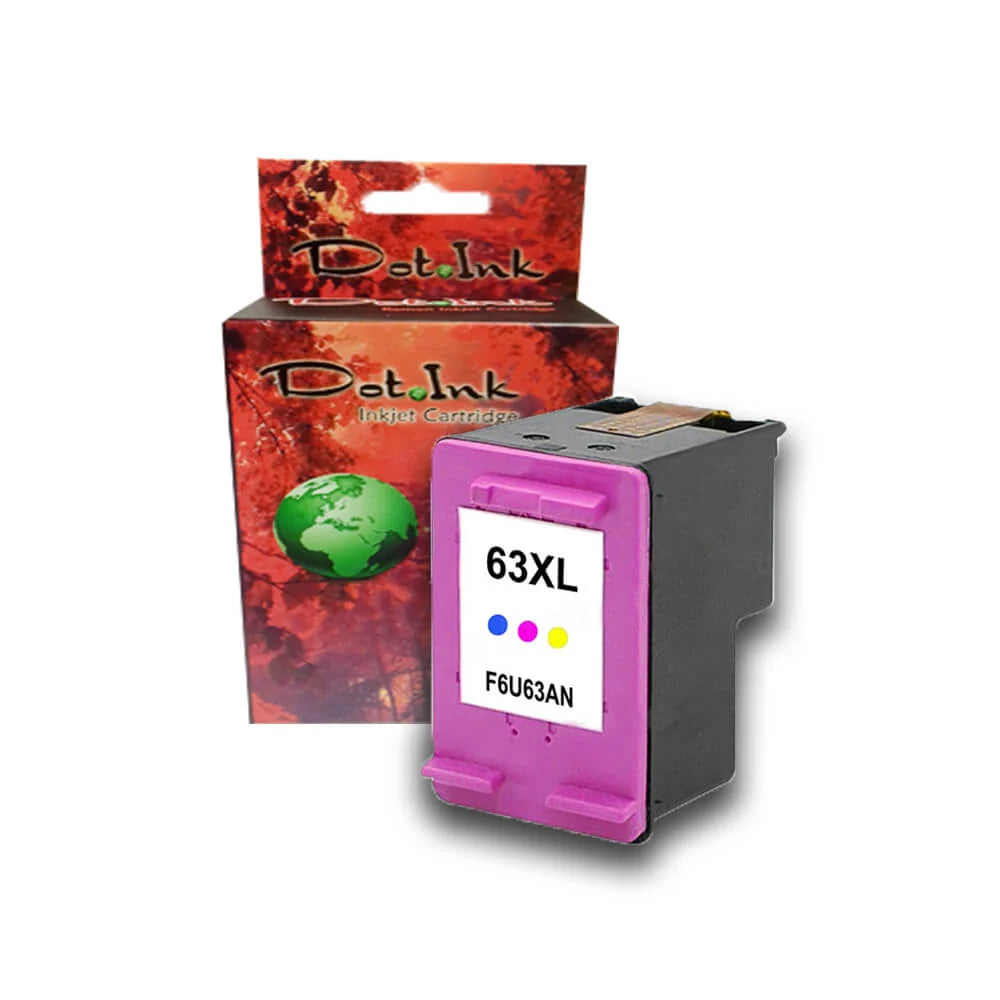 HP 63XL Color Inkjet Cartridge (F6U63AN). In the foreground, an angled compact color ink cartridge features a pink protective clip and a white label displaying "63XL", cyan/magenta/yellow ink dots, and "F6U63AN", resting against a clean white background in front of a matching Dot Ink brand retail box featuring an autumn tree canopy background and a green globe graphic.