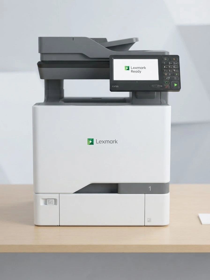 lexmark cx725 laser multifunction printer in an office setting on a desk with a white background