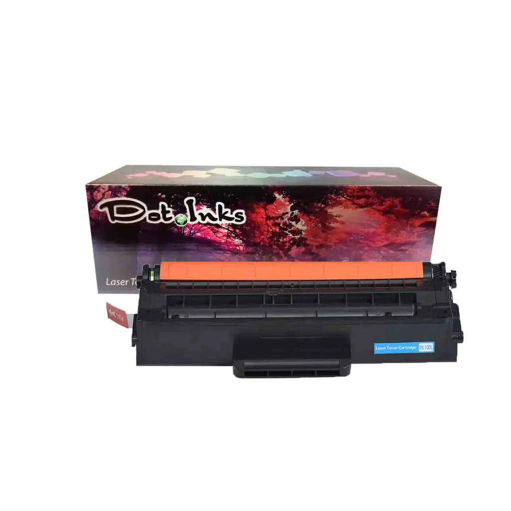 Samsung MLT-103 Toner Cartridge. In the foreground, a front-facing heavy-duty black laser toner unit featuring structured plastic housing, an orange protective roller cover, a pull tab, and a blue label marked "Laser Toner Cartridge ML103L" rests against a clean white background in front of a matching Dot Inks brand product box featuring a reddish landscape and autumn tree canopy design.