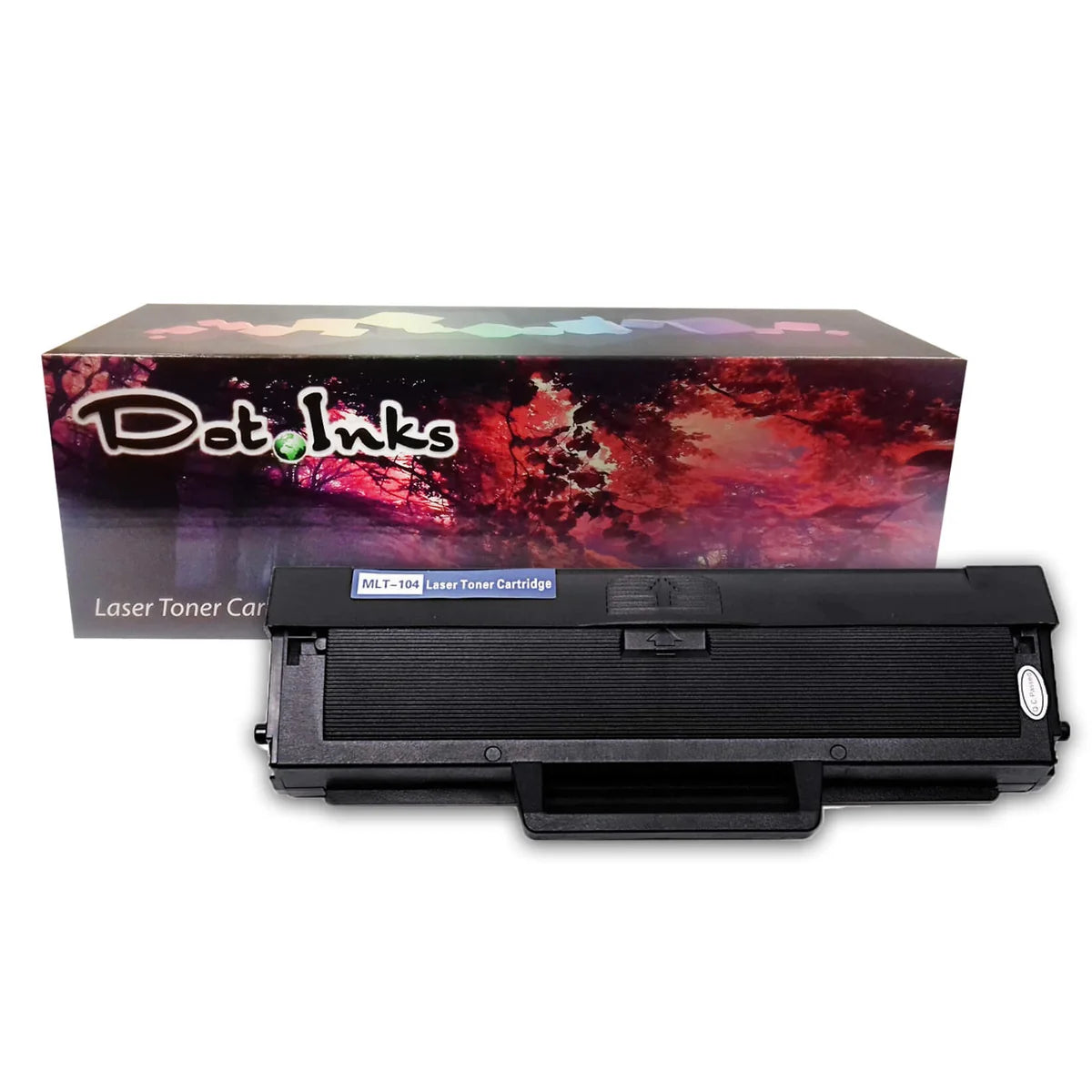 Samsung MLT-104 Laser Toner Cartridge. In the foreground, a front-facing heavy-duty black laser toner unit featuring structured plastic housing, a front handle, and a blue label marked "MLT-104 Laser Toner Cartridge" rests against a clean white background in front of a matching Dot Inks brand product box featuring a reddish landscape and autumn tree canopy design.