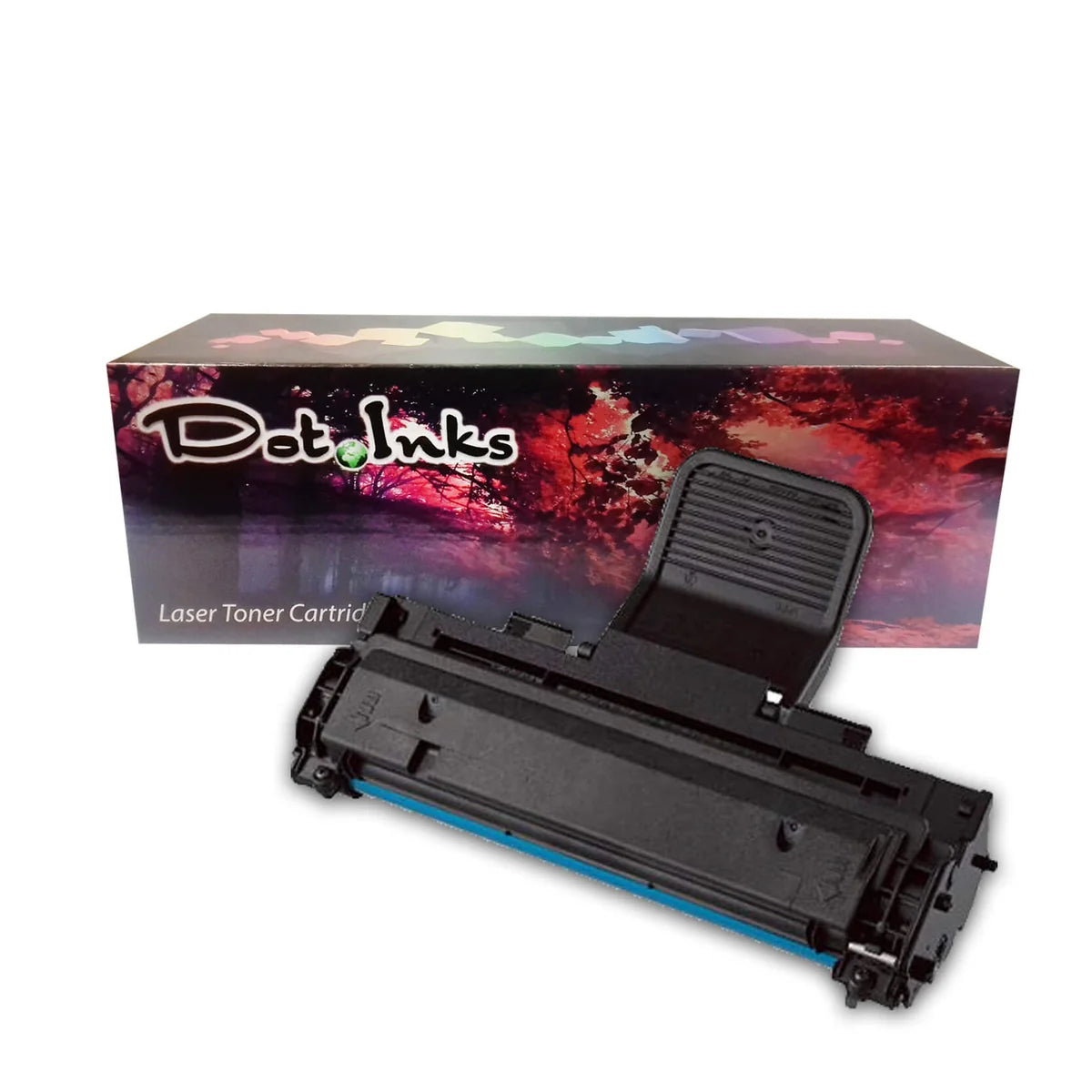 Samsung MLT-108 toner cartridge. In the foreground, an angled heavy-duty black laser toner unit featuring structured plastic housing, an exposed blue roller component, and a large upright protective handle rests against a clean white background in front of a matching Dot Inks brand product box featuring a reddish landscape and autumn tree canopy design.