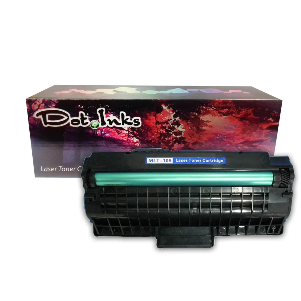 Samsung MLT-109 Laser Toner Cartridge. In the foreground, an angled heavy-duty black laser toner unit featuring structured plastic housing, an exposed green OPC drum roller, and a blue label marked "MLT-109 Laser Toner Cartridge" rests against a clean white background in front of a matching Dot Inks brand product box featuring a reddish landscape and autumn tree canopy design.