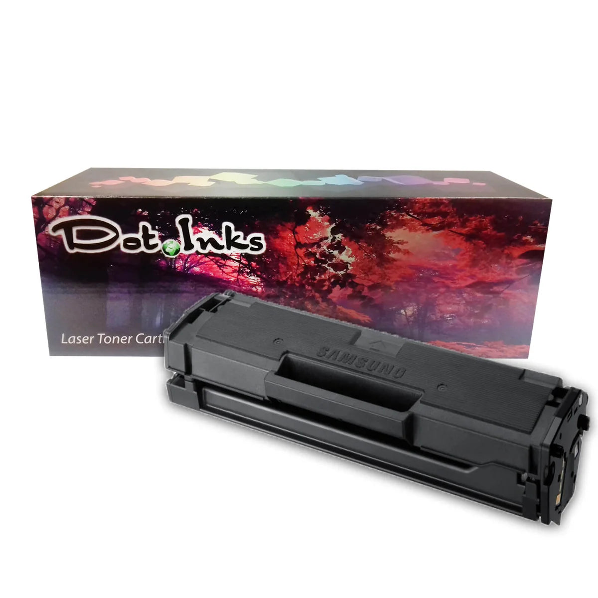 Samsung MLT-111 toner cartridge. In the foreground, an angled heavy-duty black laser toner unit featuring structured plastic housing, an integrated front handle molded with the SAMSUNG brand name, and precision mounting components rests against a clean white background in front of a matching Dot Inks brand product box featuring a reddish landscape and autumn tree canopy design.
