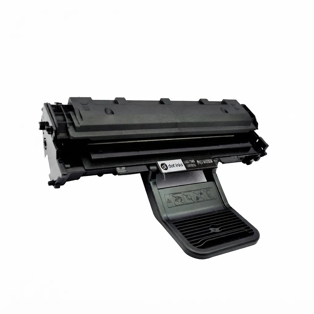 Samsung MLT-D1610 Toner Cartridge without its box. In the foreground, an angled heavy-duty black laser toner unit featuring structured plastic housing, a front handle bearing a branded product label marked "dot inks", and embossed handling instruction icons rests against a clean white background.