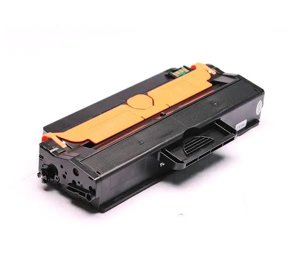 Samsung MLT-103 toner cartridge without its box. In the foreground, an angled heavy-duty black laser toner unit featuring structured plastic housing, an integrated front handle, and a vibrant orange protective cover element rests against a clean white background.