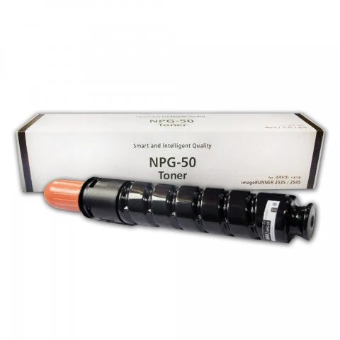Canon GPR34/NPG50/C-EXV32 Toner Cartridge. In the foreground against a clean white background, a cylindrical black toner cartridge featuring a segmented ribbed body, an orange protective end cap, and a barcode label rests in front of a matching white retail box labeled "Smart and Intelligent Quality NPG-50 Toner" with text indicating compatibility for "imageRUNNER 2535 / 2545".