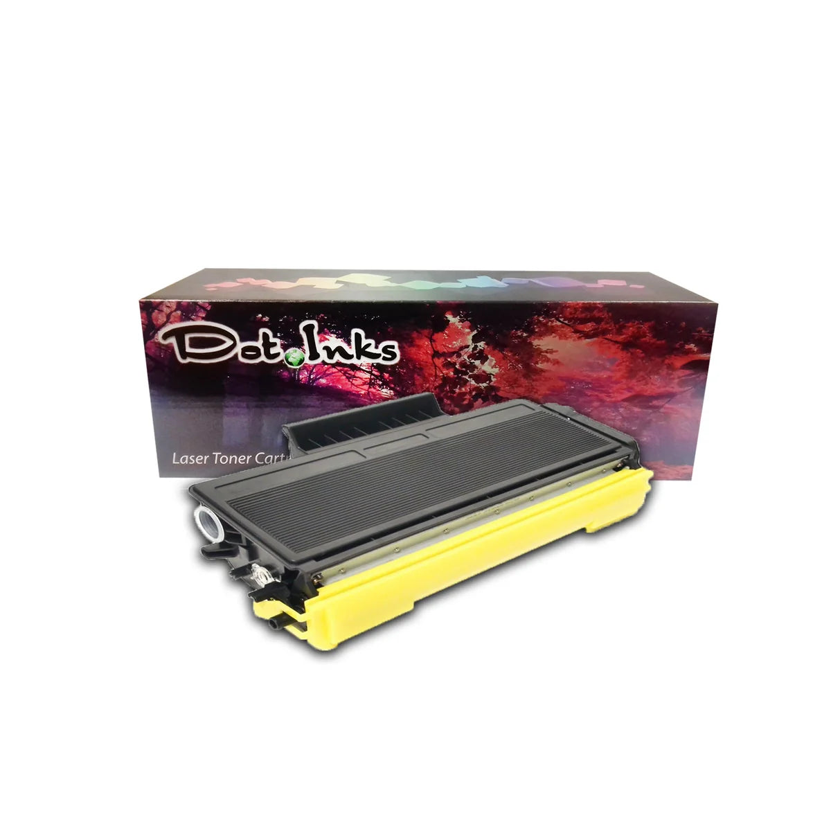 Brother B-TN580/3170/3175/3185/37J toner cartridge positioned in front of its retail packaging box. The cartridge features a black textured body, side mechanical gears, and a bright yellow protective cover casing along its front bottom edge. The retail packaging box in the background displays a vibrant red-and-purple autumn forest scene beneath the Dot Inks logo.