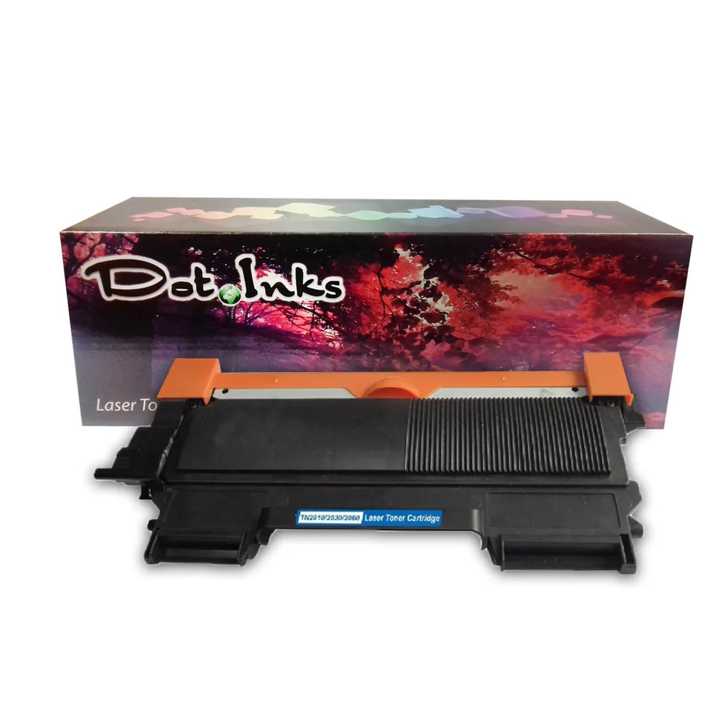 A Compatible Brother TN2010, 2030, and 2060 black toner cartridge features a black laser toner cartridge positioned horizontally in front of its retail packaging box against a white background. The cartridge features a dark plastic housing with an orange protective cover along the top and a blue label reading "TN2010/2030/2060 Laser Toner Cartridge". In the background, the "Dot Inks" retail box displays a vibrant abstract floral graphic with the text "Laser To". 